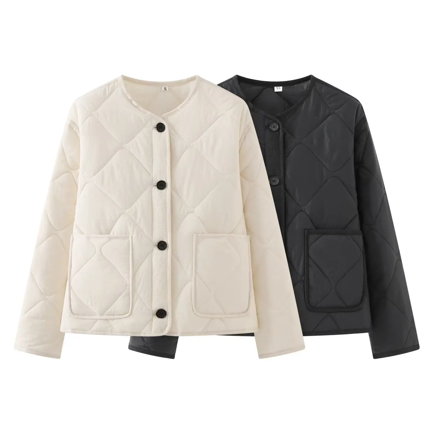 

Tidalyf 2025 Women Quilted Puffer Jacket Round Neck Diamond Pattern Long Sleeve Single Breasted Waterproof Coat with Pockets