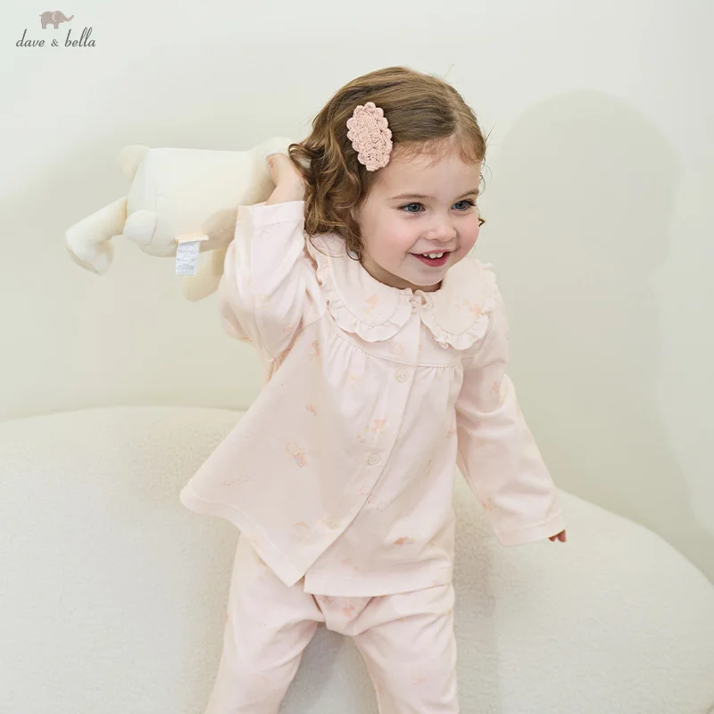 Dave Bella Children Girls Baby Cotton Pajamas Set 2025 New Spring Fashion Casual Sweet Cute Comfortable Two-Piece Set DB1250658