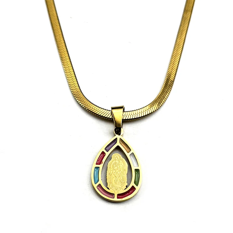 Virgin Mary Pray Necklace for Women Men Stainless Steel Enamel Gold Color Water Droplets Shape Guadalupe Chain Jewelry