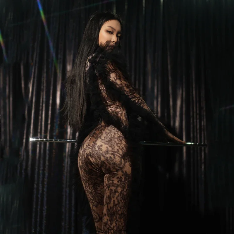 Prospettiva sexy Pole Dance Wear Gogo Costume Donna Party Tuta di pizzo nero Bar Discoteca Dj Ds Stage Solo Rave Outfit XS6217