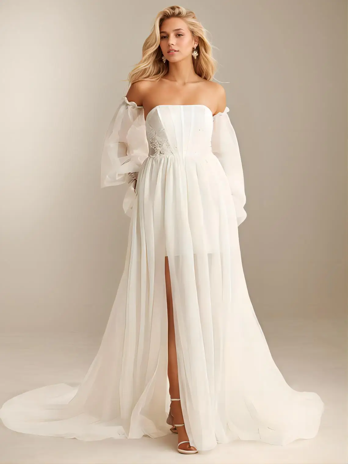 

Elegant A-Line Wedding Dress Strapless Puff Sleeves Tulle Lace Bow Knot Applique Chapel Train Bridal Gown 2025 Free Customized