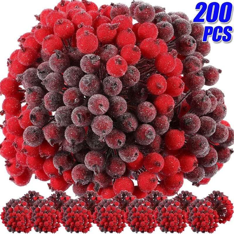 200/20Pcs Frosted Artificial Berry Mini Christmas Holly Berries Fake Fruit Bouquets Stamen for DIY Wreath Xmas Party Decoration