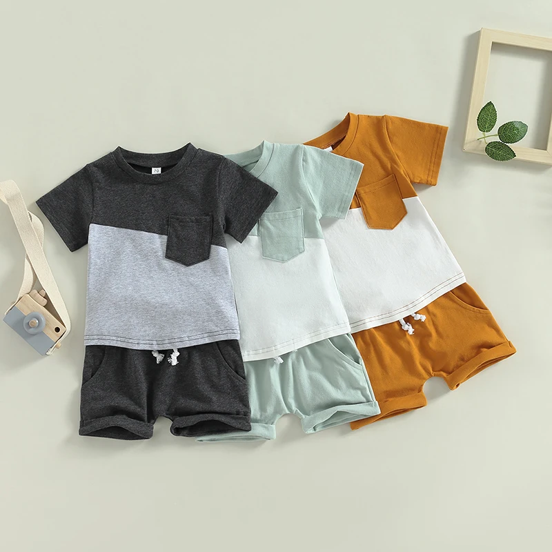 

0-3Years Baby Boys Clothes Set Short Sleeve Patchwork T-shirt with Elastic Waist Shorts 2pcs Summer Casual Outfit