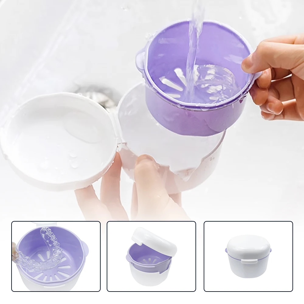 Denture Bath Box Dental Retainer with Strainer Basket, False Teeth Storage Cup Mouth Guard Case for Soaking Cleaning Dentures