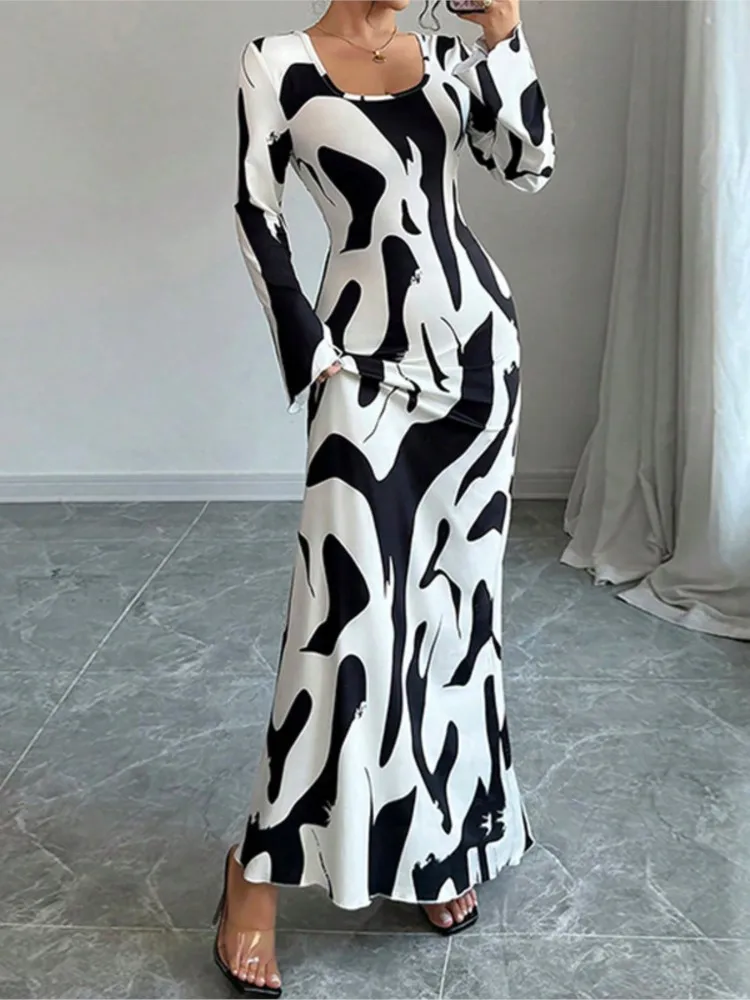

Women's Fashion White Black Patchwork Long Dres Long Sleeve Square Collar Slim Maxi Dresses Autumn Elegant Office Lady Vestidos