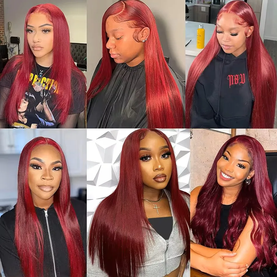 13x6 99J Burgundy Bone Straight Lace Front Wig Red Colored Human Hair Wigs For Women Brazilian Remy Transparent Lace Frontal Wig