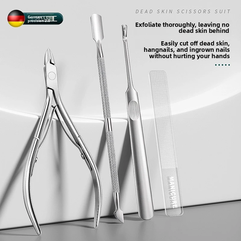 Professionelles 4-teiliges Maniküre-Set aus Edelstahl, in PU-Tasche verpackt, Nagelhautentferner, Nagelhautschieber mit Doppelkopf, Nagelfeilen-Werkzeuge