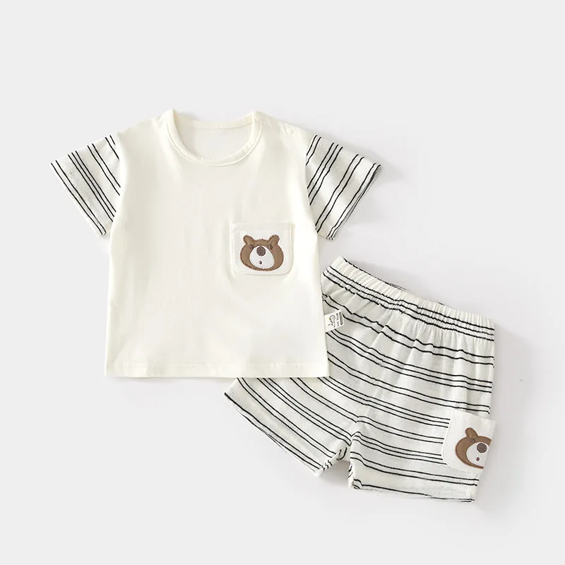 Baby Short-Sleeved T-shirt Suit Home Wear Thin Summer Boys and Girls Shoulder Open Shorts Loose Baby Outerwear