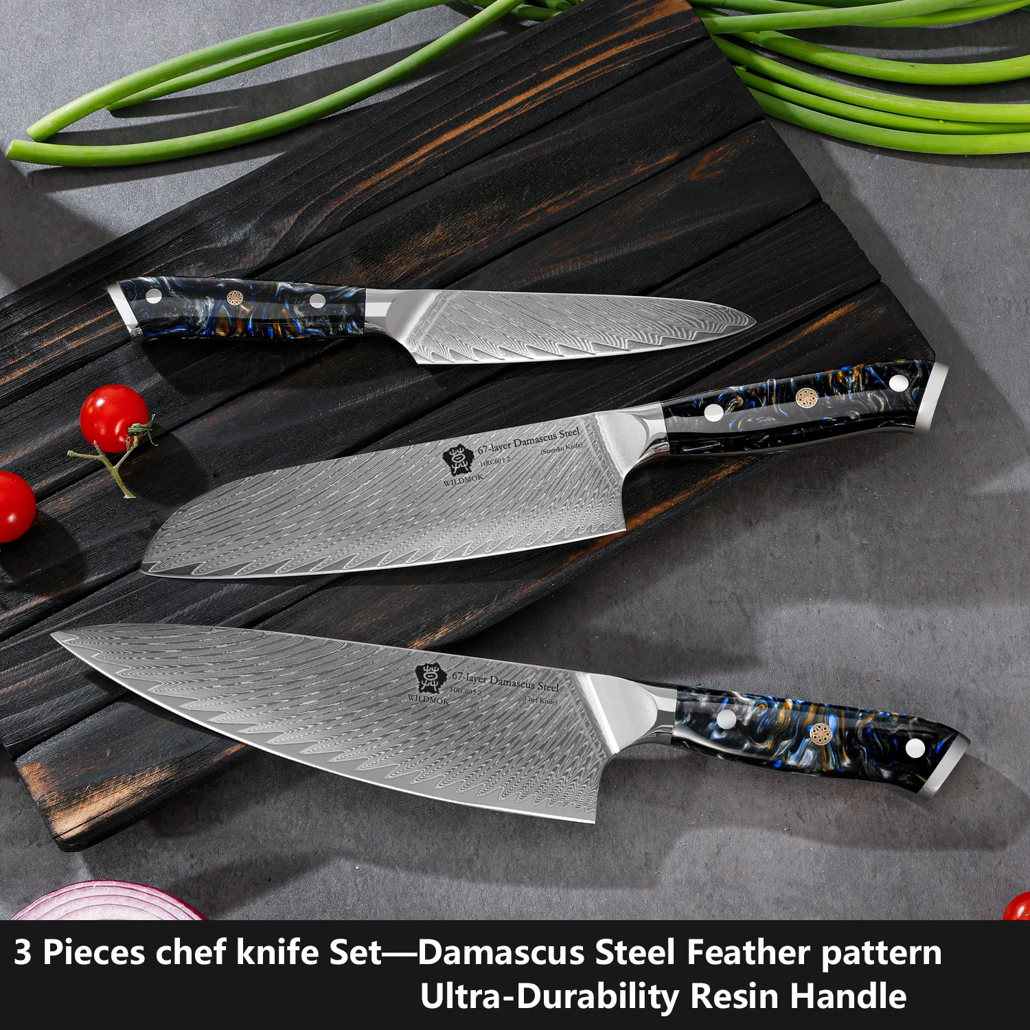 WILDMOK 3 Pcs Chef Kitchen Knife Set,Made of Japanese Damascus VG10 Steel with  Ergonomic Resin Handle