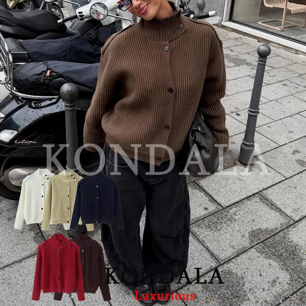 KONDALA Fall Winter Turtleneck Knit Women Sweater Long Sleeve Button Loose Women Cardigans Fashion 2026 Elegant Office Women Top