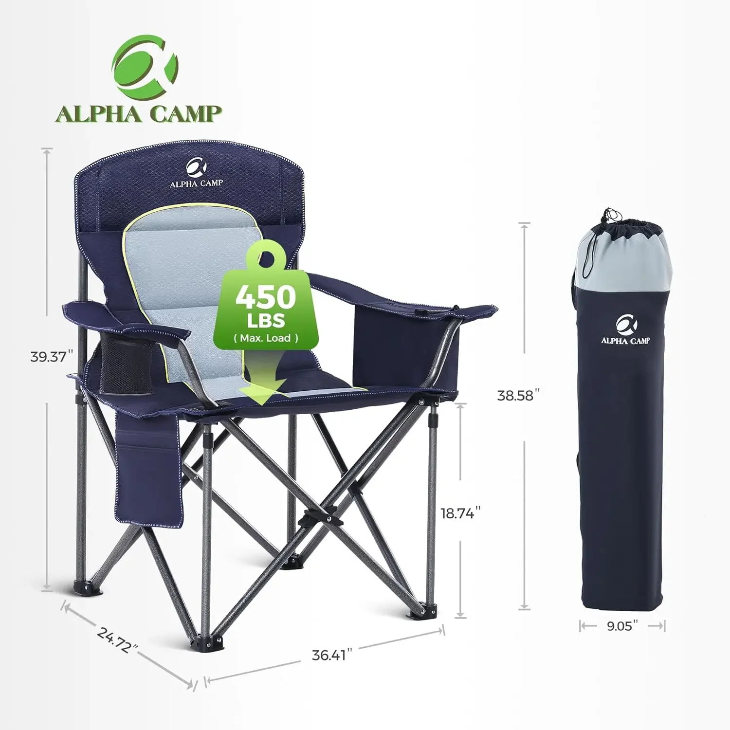 

ALPHA CAMP Oversized Camping Folding Chair Heavy Duty Lawn Chair with Cooler Bag Support 450 LBS Steel Frame Collapsible