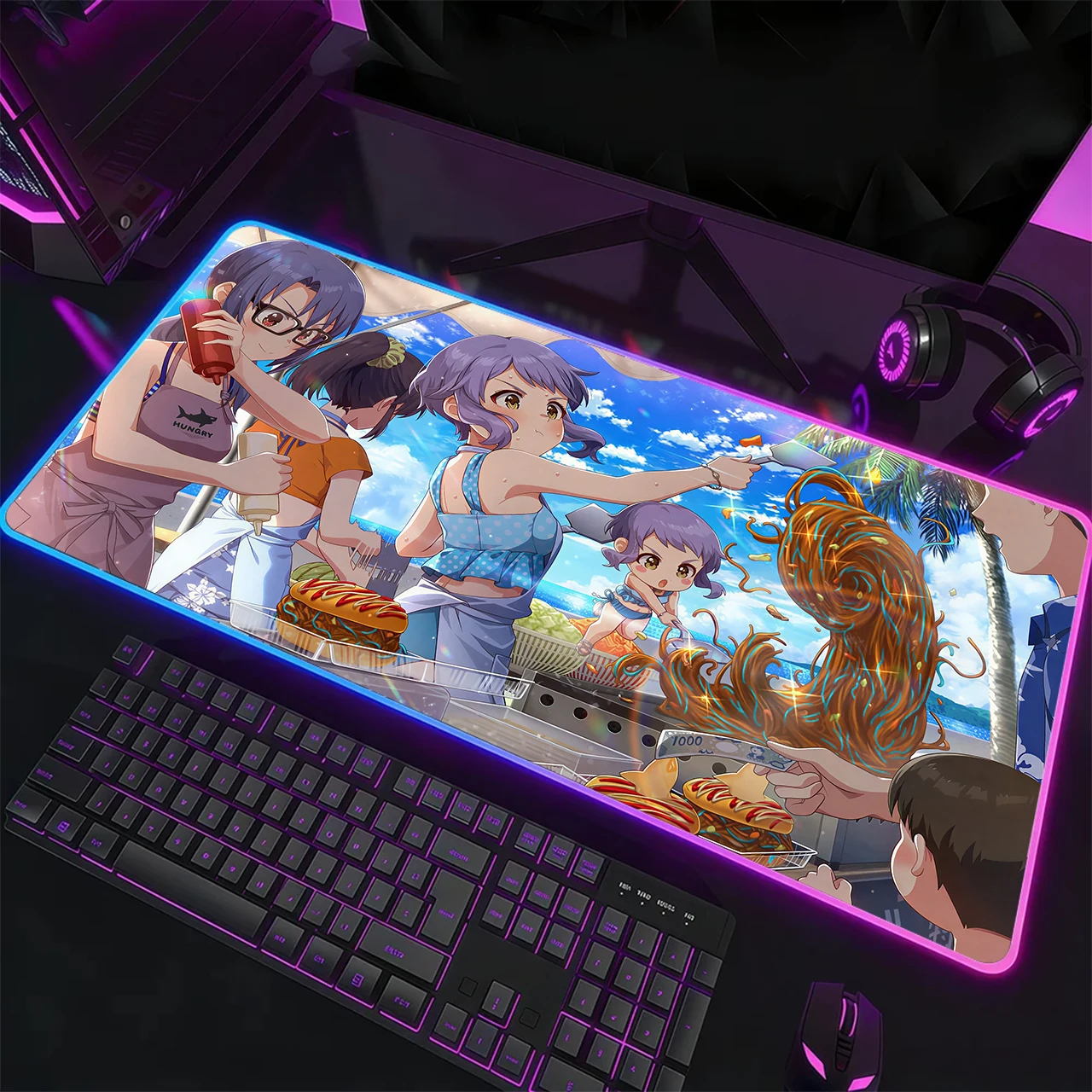 RGB Gaming Mouse Pad, XXL LED Desk Mat, Glowing Edge, Anti-slip Base, Purple Hair Girls Beach Food Stall Print Table Mat