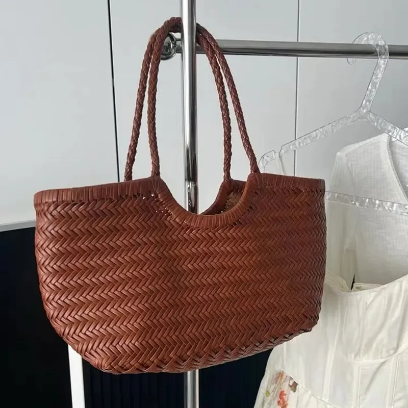 Genuine leather handwoven vegetable basket tote bag French retro style women’s vacation accessory crafted from imported view 4