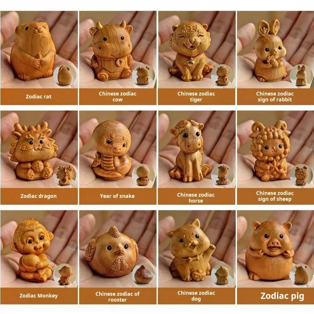 Mini Wood Carving Twelve Ornaments Cute Mouse Ox Tiger Rabbit Dragon Snake Animal Decor Office Desktop Decor Kids Gift