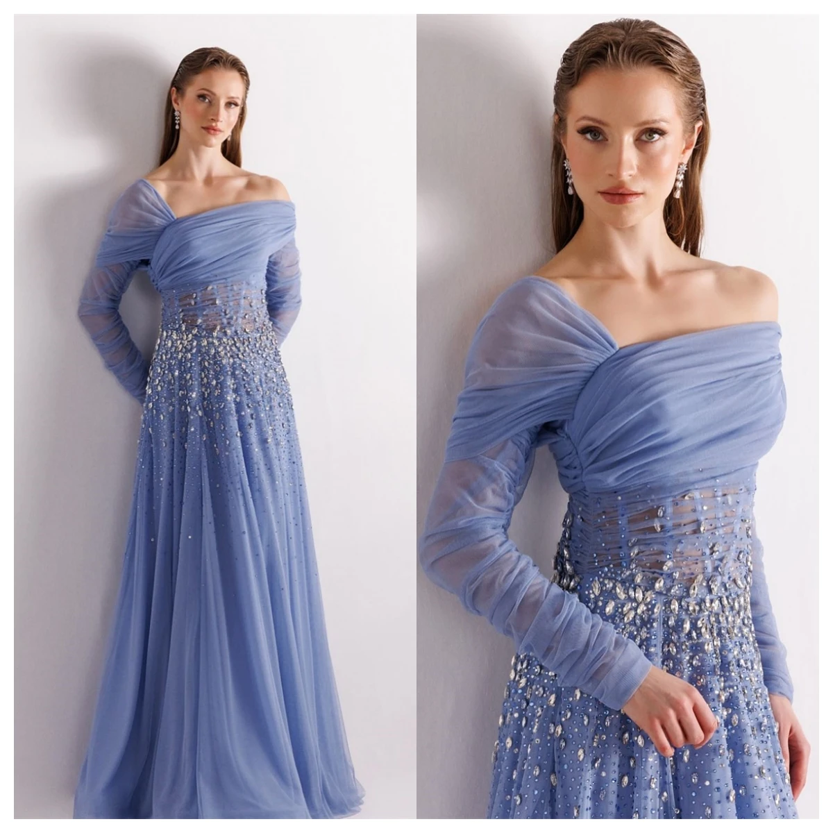 Customized Exquisite Blue Chiffon Evening Dress Square Collar Long Sleeves Celebrity Gowns Bespoke Occasion Gowns Crystal