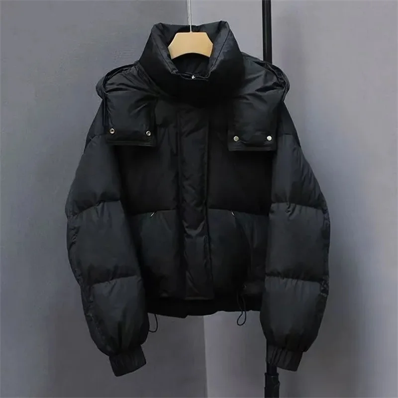 المرأة الشتاء القطن وسادة مبطنة عارضة مقنعين رشاقته جيب أسفل معطف فضفاض سستة أزرار قصيرة بسيطة الدافئة سترة معطف #5