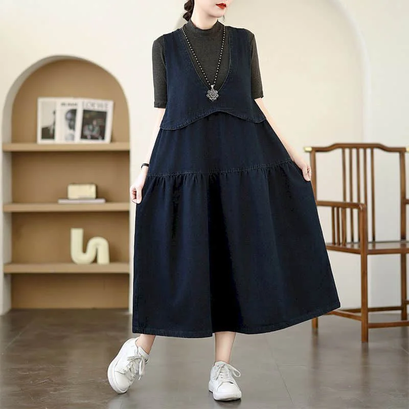 

Джинсовое платье на бретелях для женщин, повседневное свободное летнее художественное универсальное платье без рукавов в корейском стиле, винтажные платья длиной до икры большого размера