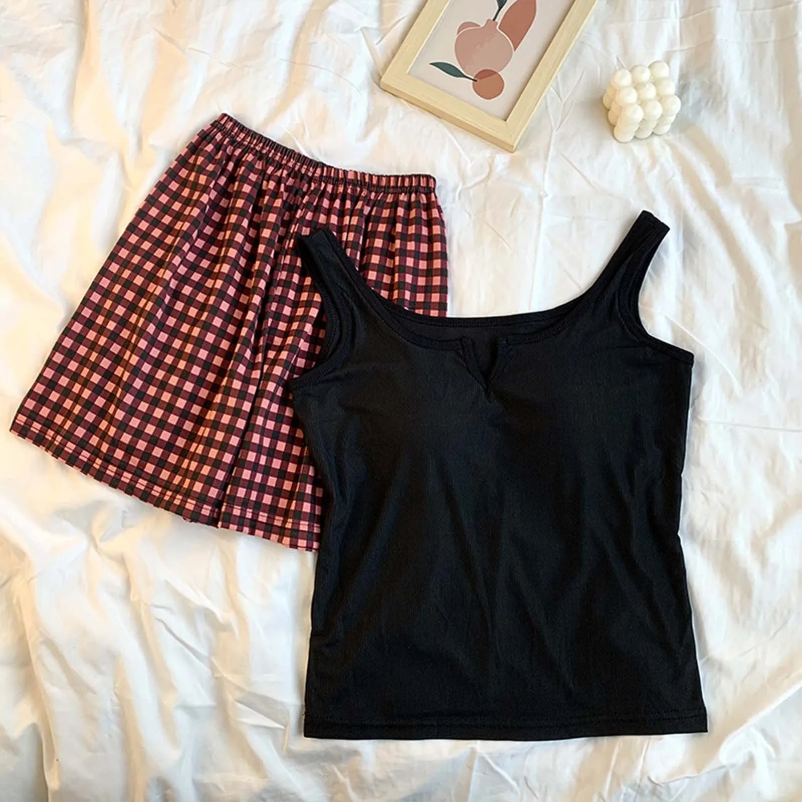 

Suspenders Girls Pajamas 2 Piece Summer With Bra Pads Thin Section Pure Black Loungewear Refreshing Breathable Simple Sleeveless