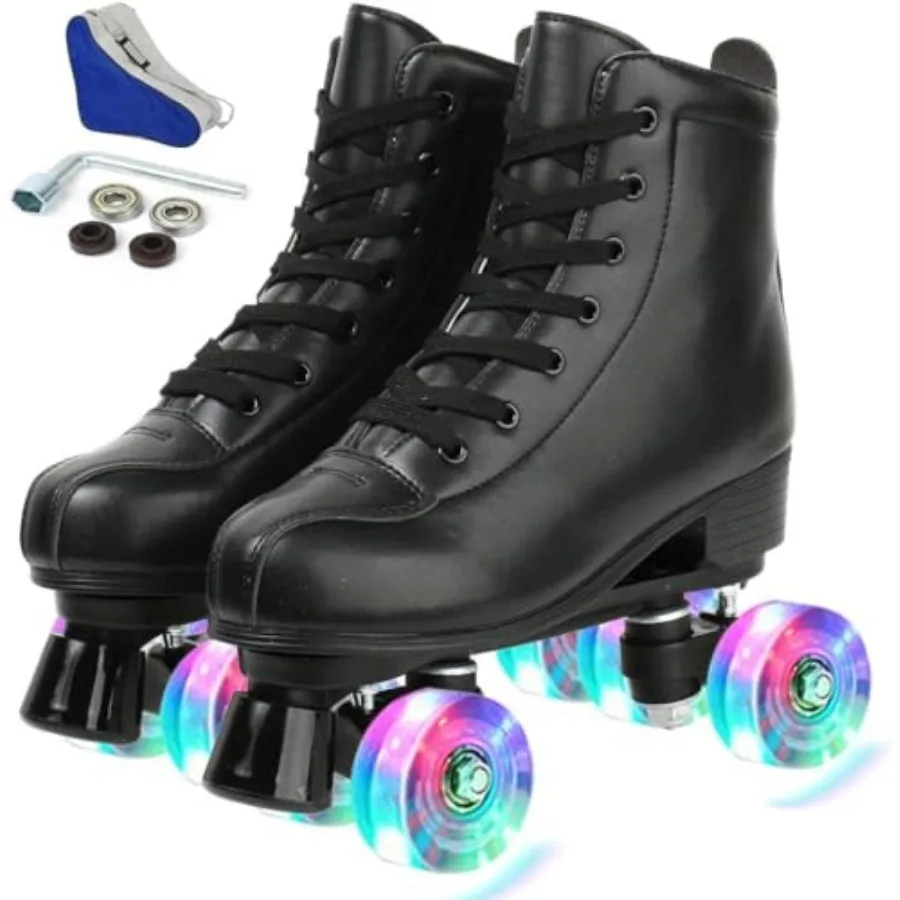 

PU Leather Skates - Premium Adjustable Four-Wheel Roller Skates for Women Men Boys Girls - Indoor Outdoor