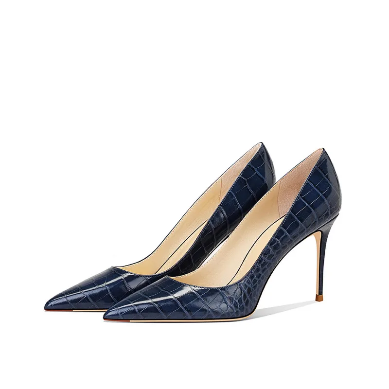 

2025 New Blue Crocodile Leather High Heels Women Pointed Toe Stiletto Elegant Office Shoes