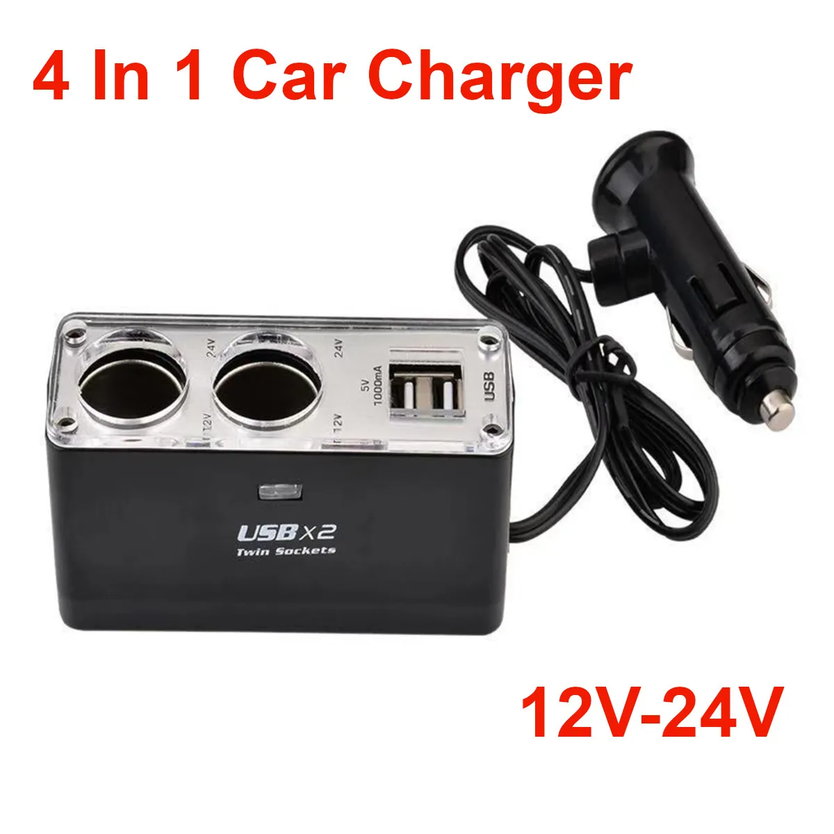 12V-24V Dual USB Port Plug 4 In 1 Car Lighter Splitter Charger Power Socket Adapter for IPhone IPad XiaoMi Phone DVR GPS