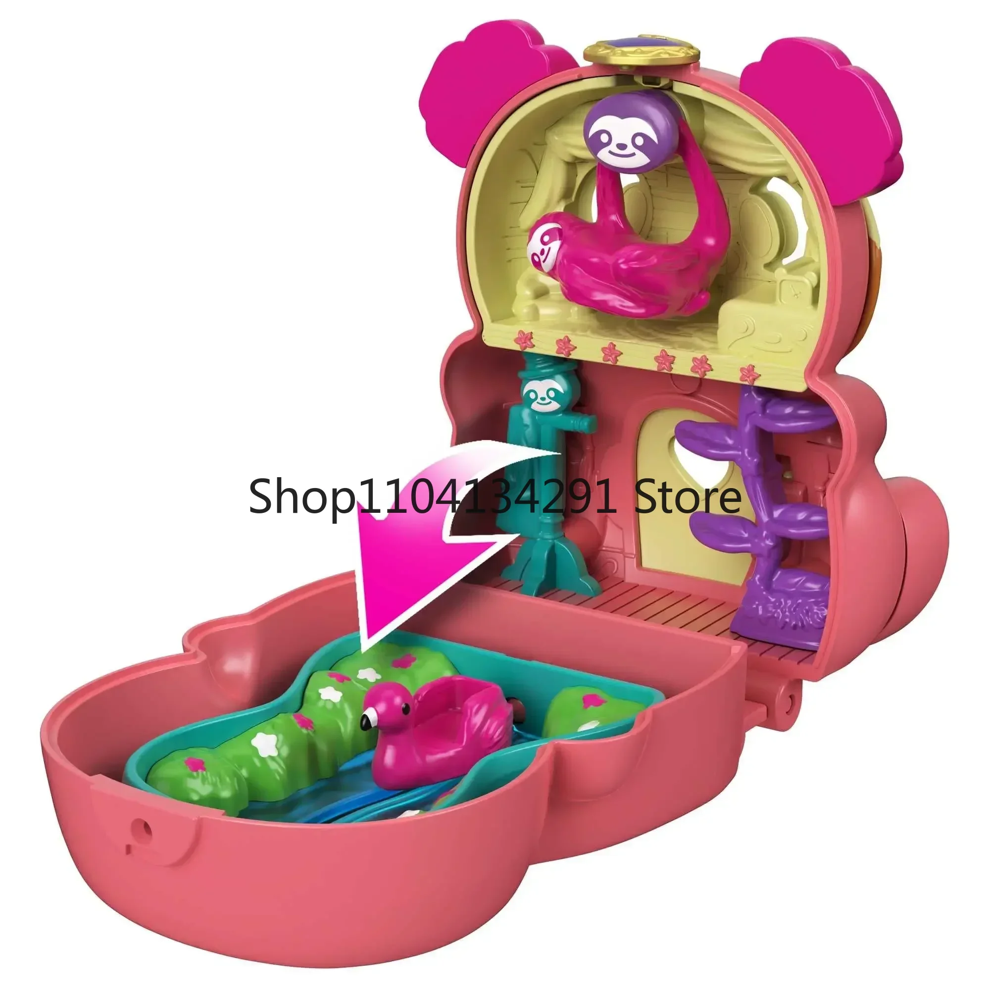 Polly Pocket Flip & Find Compact sur le thème des animaux avec Surface de jeu rotative, ensemble de jouets réversible, paresseux Transformable, renard arctique