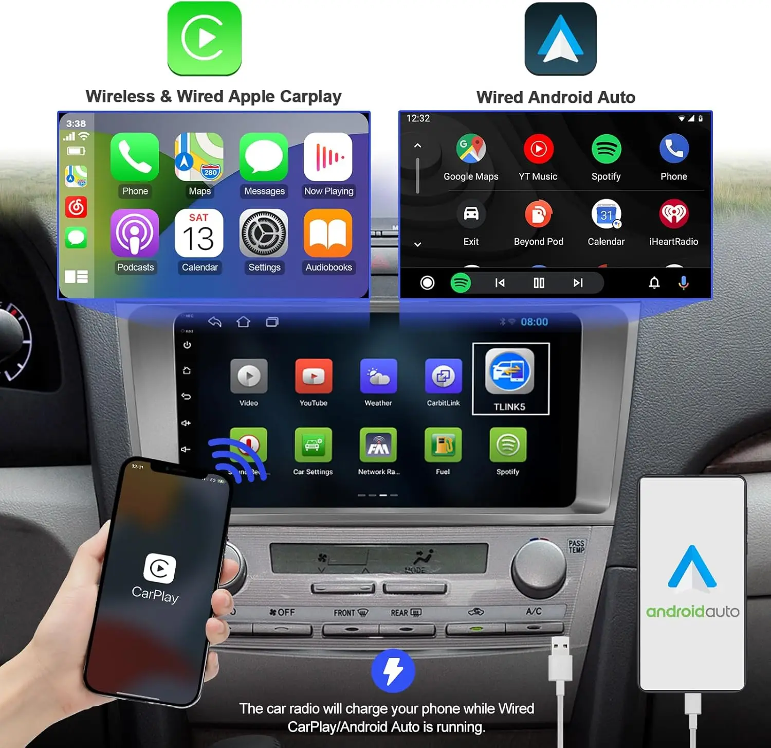 ستيريو سيارة أندرويد 12 لسيارة تويوتا كامري 2006-2011، شاشة تعمل باللمس، كاربلاي/أندرويد أوتو، نظام تحديد المواقع العالمي (GPS)، بلوتوث، قراءة فقط 32 جيجابايت