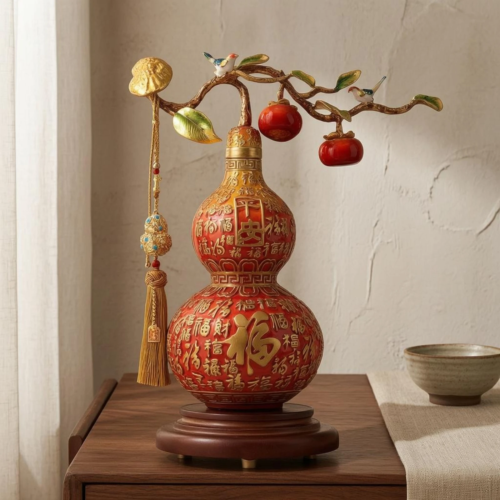 Double Gourd Ornament Raised Motifs Fu Symbol Ornament Chinese Gourd Decor Wooden Base Decorative Item Easy to Clean
