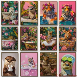 Cute Otter Leopard Lion in A Bathtub Poster Tiger Drink Cocktail Bathroom Canvas Painting Jungle Animal Wall Art Home Decor