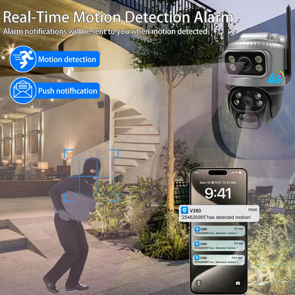 4G Sim Card Solar Camera Dual Lens Outdoor 8MP 4K Low Power Battery IP Camera PIR Night Vision V380 Pro CCTV Security Protection