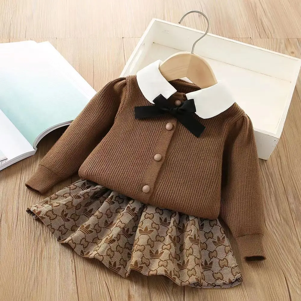 Girls Spring And Autumn Suit 2023 New Girls Princess Dress Children\'s Fashionable Knitted Sweater Two Piece Set Kids Outfits