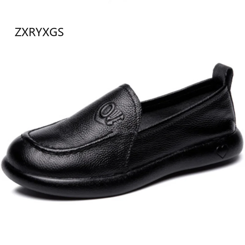 ZXRYXGS Promotion Top Layer Cowhide Women's Flats Single Shoes 2026 New Fashion Casual Shoes Genuine Leather Black White Shoes