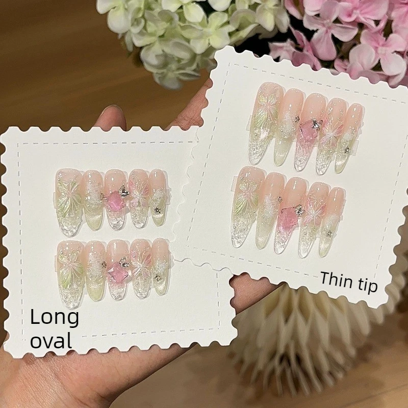 Exquisite DIY Press on Nails Midsummer Night Butterfly Pink‑Green Gradient Glazed French Handmade False Nail Decorations