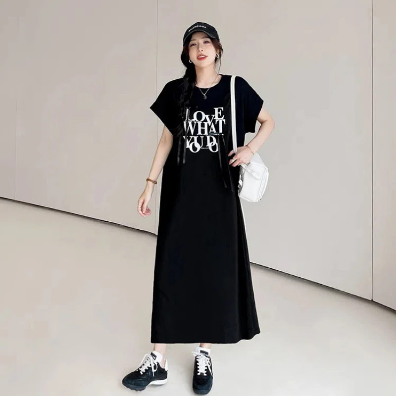 ルーズブラックドレス 2025 夏プラスサイズの女性の Tシャツドレス弓半袖女性ローブプリントレターカジュアル Vestido KE6813