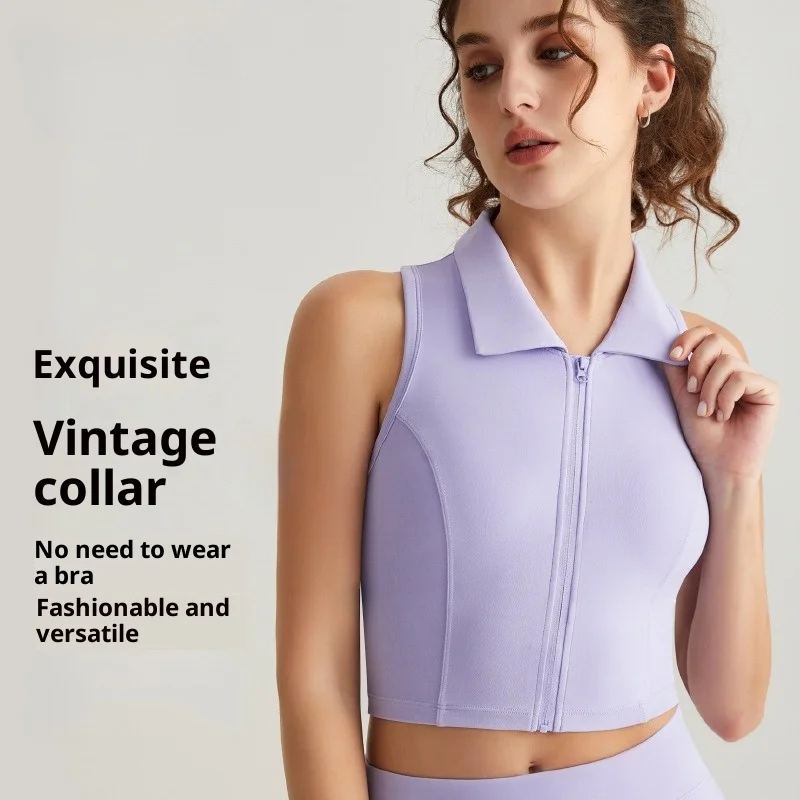 Women's Front Zipper Sports Bra, New POLO Collar Yoga Vest, Women's Sewn Fixed Cup Outer Fitness Top