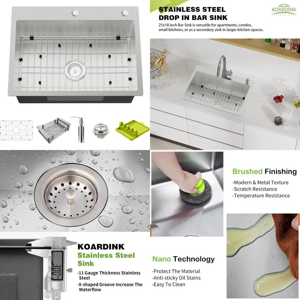 

Stainless Steel 25x18 Inch Modern Single Bowl Drop-In Kitchen Sink with Grid and Spoon Rest - Topmount Bar Sink Combo for Contem