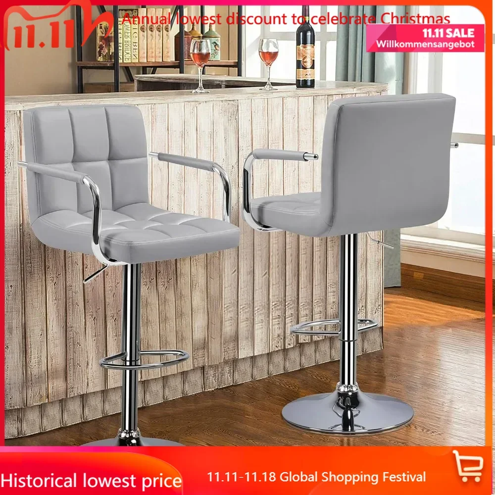 

Modern Bar Stools Set of 2 Swivel Kitchen Stool Height Adjustable Square Counter Stool with Back&Armrest PU Leather Stool