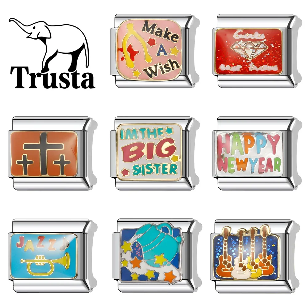 Trusta 2024 New Sister Cross Musical Note Charm Italian Links 9mm Stainless Steel Bracelet for Women DIY Jewelry Wholesale N043