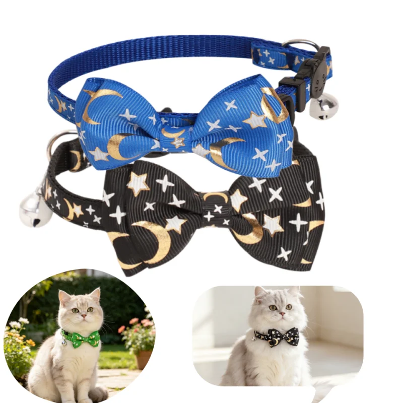 2Pcs Pet Cat Collar Gold Foil Star Moon Webbing Bow Tie Adjustable Kitten Neck Collar With Bell Cute Pet Decorative Accessories