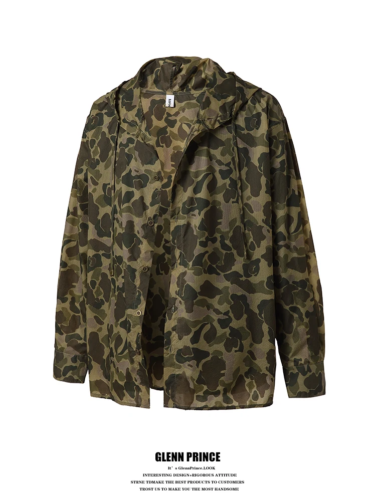 

GPstudio American Retro Camouflage Hooded Shirt Men's Spring Outdoor Loose Open Cardigan Long Sleeve Thin Outerwear