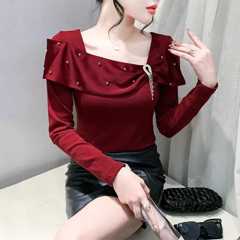 Damska bluzka Bla Long Sve, bazowa, na wiosnę i jesień, nowa, seksowna, z kwadratowym dekoltem, zdobiona cyrkoniami, dopasowana, modna bluzka typu bloomers.