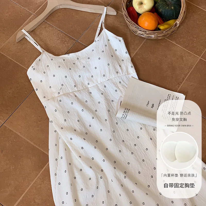 M-2XL حجم كبير المرأة بلا أكمام فستان طويل مع وسادة الصدر الكورية طباعة عالية الخصر Strappy ثوب النوم ملابس خاصة بيجامة فضفاضة