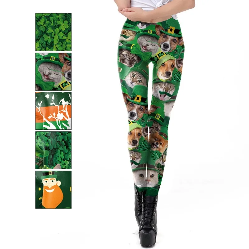 Women St. Patrick's Day Green Clover Cute Cat Dog Printed Leggings High Waist Elastic Slim Festival Party Pants
