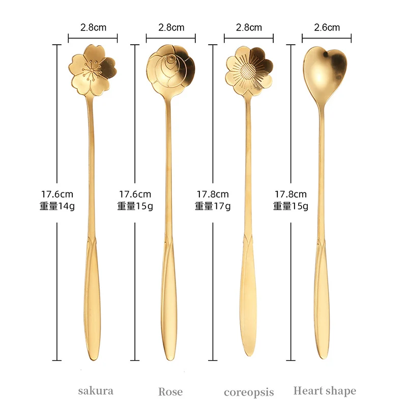 4Pcs Flower Spoon Set Small Teaspoon Coffee Spoon Cute Ice Cream Dessert Spoon Silver Gold Stainless Steel Tableware Accessories