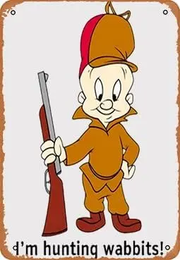 Póster de arte digital de películas y televisión de animación clásica, cartel metálico de Elmer Fudd de dibujos animados, decoración de pared con la frase 'I'm Hunting Wabbits', cartel de hojalata.