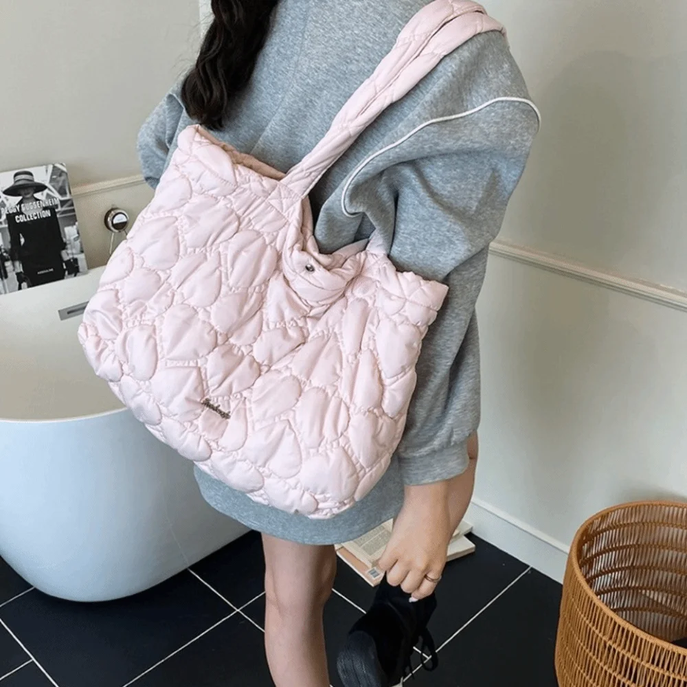 Trendy Solid Color Puffy Tote Bag Large Capacity Korean Quilted Heart Bag Waterproof Leisure Women's Handbag Girls