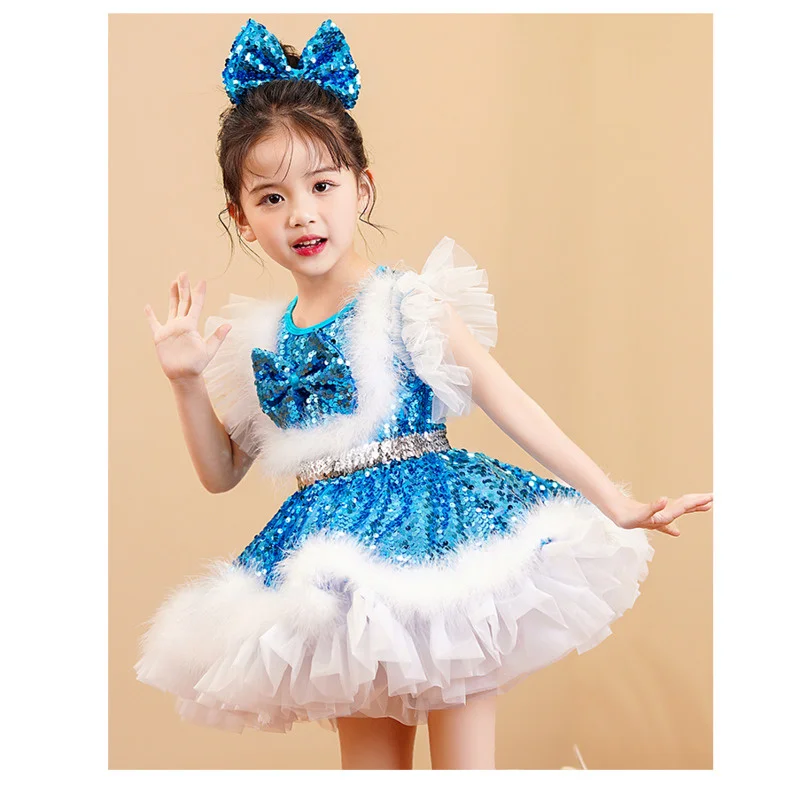 Sequin performance attire children\'s fluffy gauze princess girl\'s small host dress kindergarten dance costume