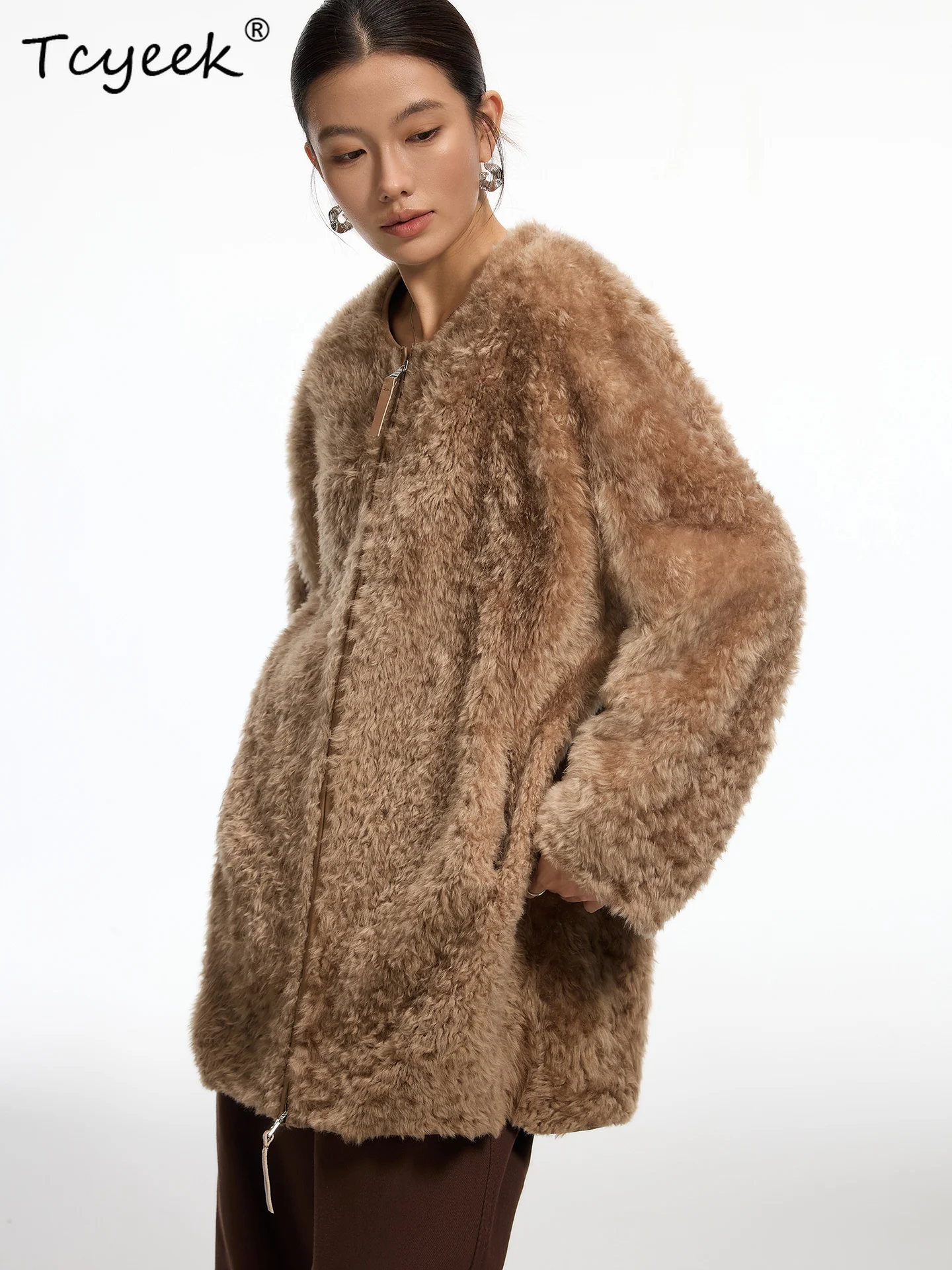 Tcyeek Genuine Wool Autumn Winter High End Trendy Solid Color Mid Length Women's Wool Shearling Fur Coat Fourrures Femme