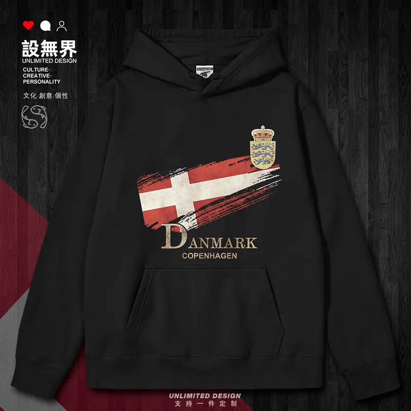 The flag of Copenhagen, Denmark, symbolizes national retro mens hoodies fashion sweatshirt streetwear autumn winter clothes