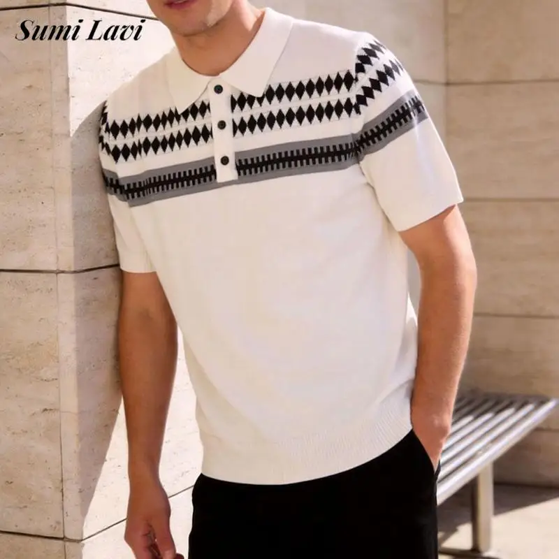 Vintage Knitting Polo Shirts Mens Button-up Turn-down Collar Short Sleeve Casual Polos Men Sumemr Stylish Crochet Knit Pullovers